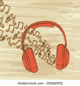 headphones and music notes, grunge music. vector illustration