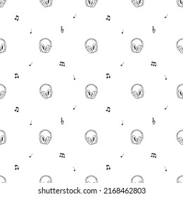 Headphones and music notes seamless pattern. Doodle music lover background. Hand drawn black and white texture. Vector music pattern for wallpaper, fabric print, wrapping paper