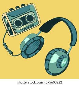 Headphones with music player isolated on a yellow background. 80's retro element. Vector icon. Cartoon illustration.