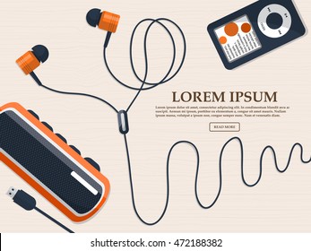 Headphones, music player and mini speaker on the table with place for your text. Vector illustration