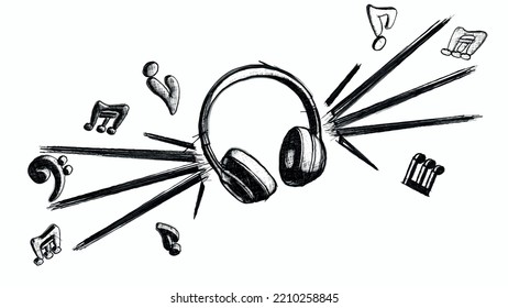 Headphones With Music Playing Loud. Music Notes Flying Around. Sketch Style Outline Vector Illustration