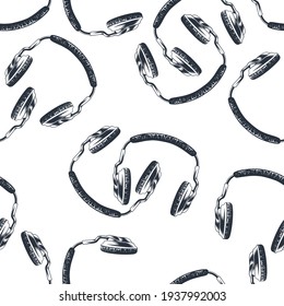 Headphones for music seamless background. Gaming headphones or headset. Hand drawing. Vintage style. Isolated on a white background.