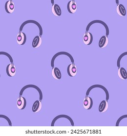 Headphones music seamless pattern. Trendy y2k vaporwave and synthwave design. Musical background with earphones and hearts. Repeat vector illustration for party, invitation