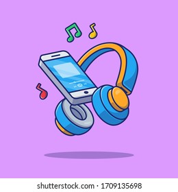 Headphones, Music And Smartphone Vector Icon Illustration. Technology Concept Isolated. Flat Cartoon Style Suitable for Web Landing Page, Banner, Flyer, Sticker, Card