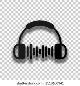 Headphones and music wave. Max volume level. Simple icon. Black glass icon with soft shadow on transparent background