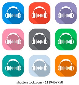 Headphones and music wave. Max volume level. Simple icon. Set of white icons on colored squares for applications. Seamless and pattern for poster