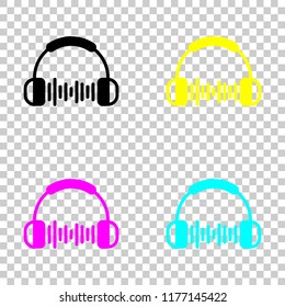 Headphones and music wave. Max volume level. Simple icon. Colored set of cmyk icons on transparent background