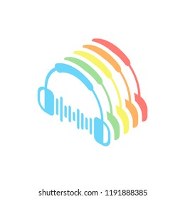 Headphones and music wave. Max volume level. Simple icon. Stack of colorful isometric icons on white background