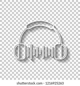Headphones and music wave. Max volume level. Simple icon. White outline sign with shadow on transparent background