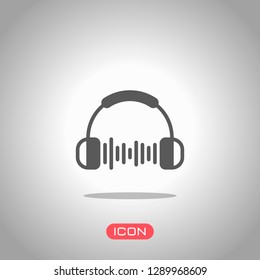 Headphones and music wave. Max volume level. Simple icon. Icon under spotlight. Gray background