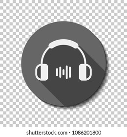 Headphones and music wave. Medium volume level. Simple icon. White flat icon with long shadow in circle on transparent background. Badge or sticker style