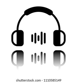 Headphones and music wave. Medium volume level. Simple icon. Black icon with mirror reflection on white background