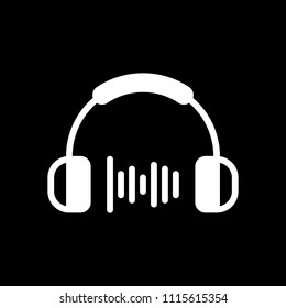 Headphones and music wave. Medium volume level. Simple icon. White icon on black background. Inversion