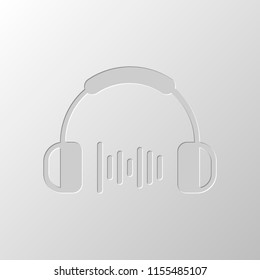 Headphones and music wave. Medium volume level. Simple icon. Paper design. Cutted symbol. Pitted style