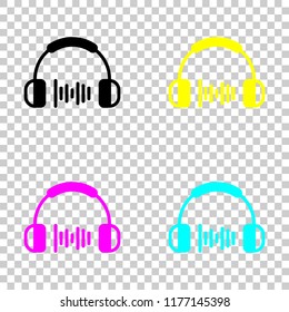Headphones and music wave. Medium volume level. Simple icon. Colored set of cmyk icons on transparent background
