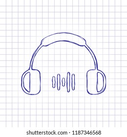 Headphones and music wave. Medium volume level. Simple icon. Hand drawn picture on paper sheet. Blue ink, outline sketch style. Doodle on checkered background
