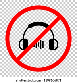 Headphones and music wave. Medium volume level. Simple icon. Not allowed, black object in red warning sign with transparent background