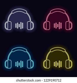 Headphones and music wave. Medium volume level. Simple icon. Set of neon sign. Casino style on dark background. Seamless pattern