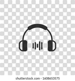Headphones and music wave. Medium volume level. Simple icon. Black symbol on transparency grid