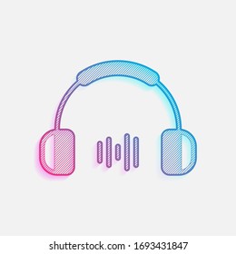Headphones and music wave. Medium volume level. Simple icon. Colored logo with diagonal lines and blue-red gradient. Neon graphic, light effect