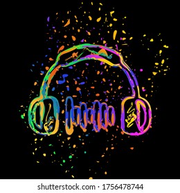 Headphones and music wave. Medium volume level. Simple icon. Colored ink with splashes on black background
