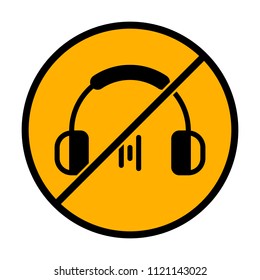 Headphones and music wave. Min volume level. Simple icon. not allowed, black object in warning sign with orange background color