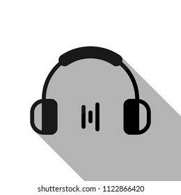 Headphones and music wave. Min volume level. Simple icon. Black object with long shadow on white background