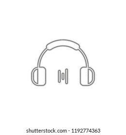 Headphones and music wave. Min volume level. Simple icon. Dotted outline silhouette with shadow on white background
