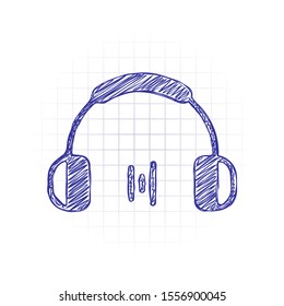 Headphones and music wave. Min volume level. Simple icon. Hand drawn sketched picture with scribble fill. Blue ink. Doodle on white background