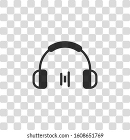 Headphones and music wave. Min volume level. Simple icon. Black symbol on transparency grid
