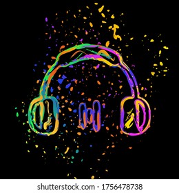 Headphones and music wave. Min volume level. Simple icon. Colored ink with splashes on black background