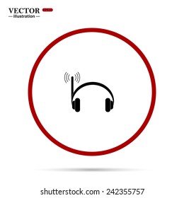 Headphones. Musical accessories running through wi-fi network, gray button with a red stroke, vector, EPS 10