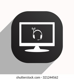 Headphones. Musical accessories running through wi-fi network. icon. vector design, black button for Mobile Applications