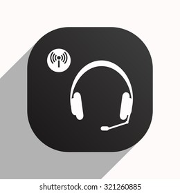Headphones. Musical accessories running through wi-fi network. icon. vector design, black button for Mobile Applications