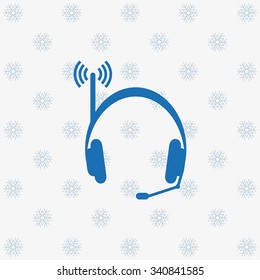 Headphones. Musical accessories running through wi-fi network. icon. vector design background with snowflakes