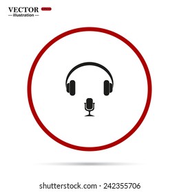 Headphones. Musical accessory, gray button with a red stroke, vector, EPS 10