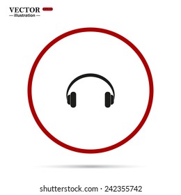 Headphones. Musical accessory, gray button with a red stroke, vector, EPS 10