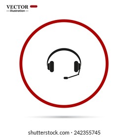 Headphones. Musical accessory, gray button with a red stroke, vector, EPS 10