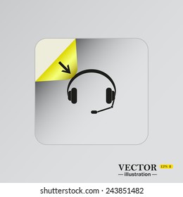 Headphones. Musical accessory, gray button with a red stroke, sticker  self-adhesive paper. Vector illustration EPS 8