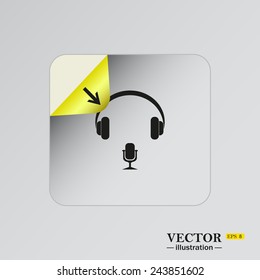 Headphones. Musical accessory, gray button with a red stroke, sticker  self-adhesive paper. Vector illustration EPS 8