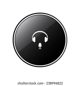 Headphones. Musical accessory. Round black glossy button for the site, vector, EPS 10