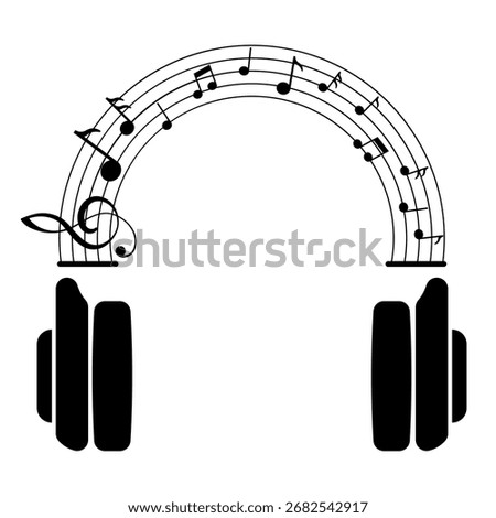 Headphones with Musical Notes Vector Illustration. A pair of headphones with a musical staff forming an arch above, decorated with various music notes and a treble clef.