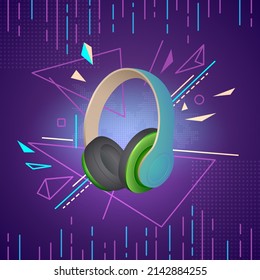 Headphones musical. Vector illustration of realistic headphones on a background of dynamically arranged geometric shapes. Background for creativity.