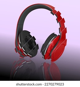 Headphones are musical. Vector illustration of realistic headphones for listening to music in image displacement style. Sketch for creativity.