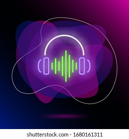 Headphones neon sign. Luminous signboard with earphones and soundwave. Night bright advertisement. Vector illustration in neon style for music store, entertainment, song