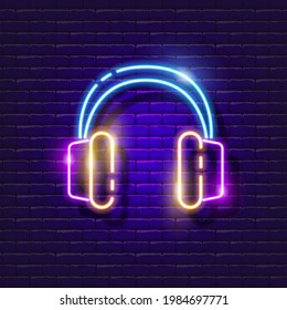 Headphones neon sign. Vector illustration for design. Audio equipment. Music concept.