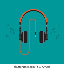 Headphones with note on background vector concept. Headset illustration in modern flat style. Color picture for design web site, web banner, printed material. Dj headphones icon. Earphones vector.