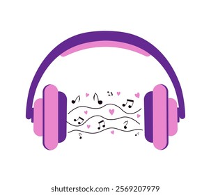 Headphones with notes, hearts. Valentine's Day, love. Musical notes, headset with a song, music sounds flying out of headphones. Illustration on a white background.