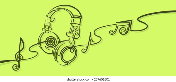 headphones with notes music outline vector illustration lineart style