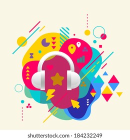 Headphones on abstract colorful spotted background with different elements. Flat design.